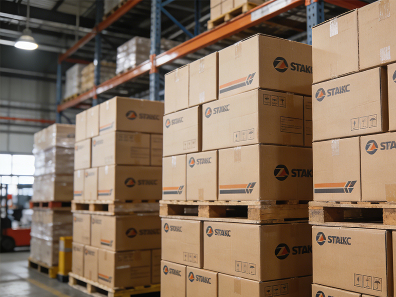 Cartons with high-resolution labels in warehouse