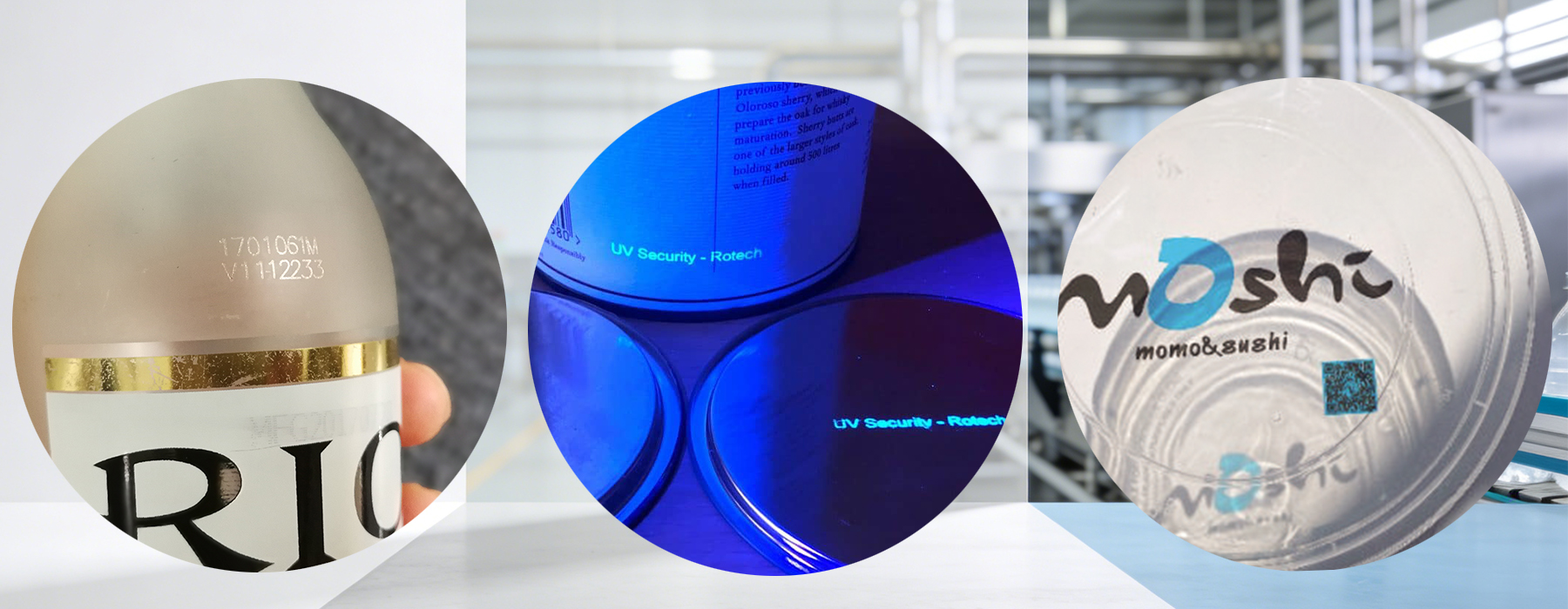 laser and inkjet coding on bottles including 2D codes, UV invisible marks, and colorful QRcodes