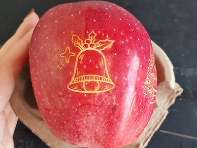 custom laser engraving on apple with festive Christmas bell design